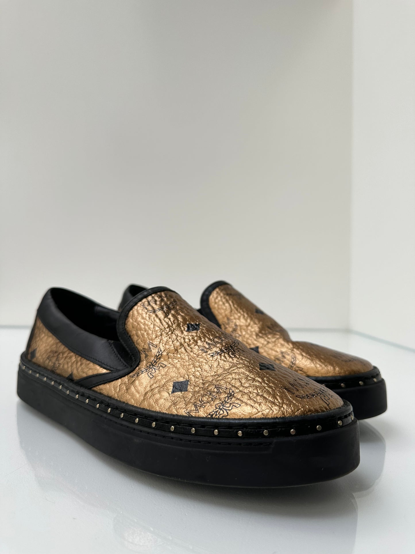 MCM Gold and Black Slip on Sneaker 40