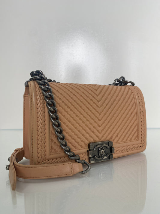 Chanel Medium Boy Bag Beige Stitched Chevron RHW #23