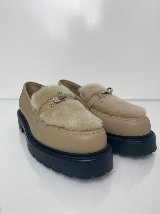 Hermes Beige Sherpa Icone Loafers, 39