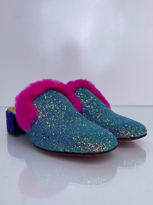 Christian Louboutin Sequin/ Pink Fur Mules, 39.5