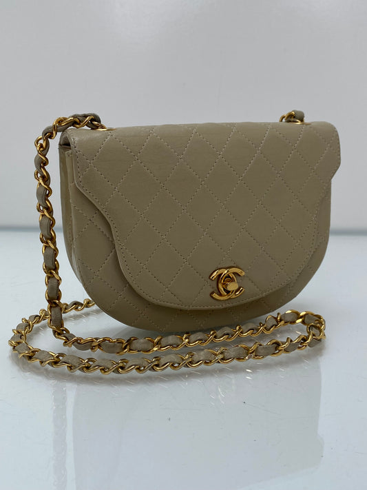 Chanel Beige Vintage Quilted Half Moon Flap Bag GHW