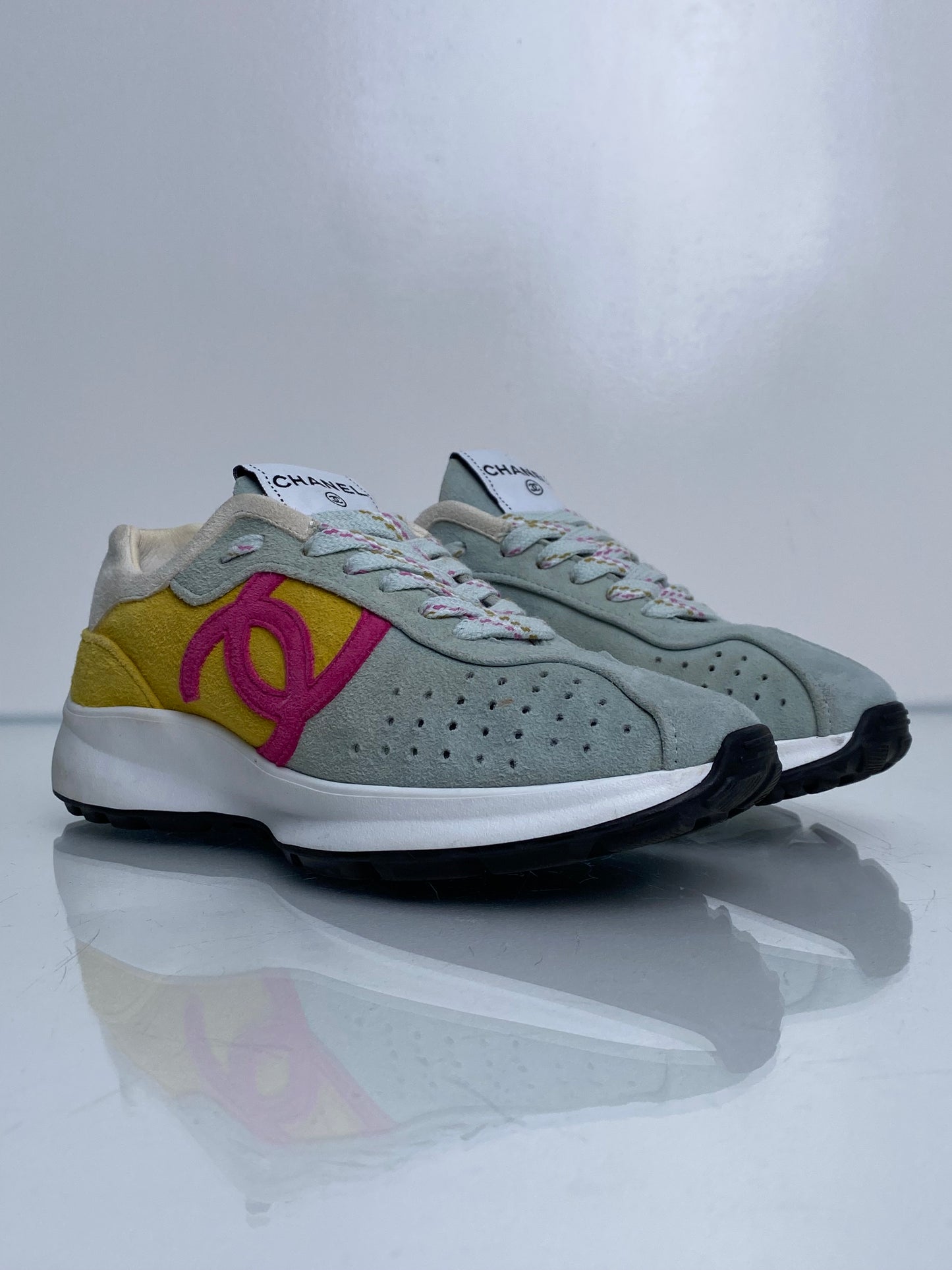 Chanel Blue, Yellow, & Pink Suede CC Sneakers, 36