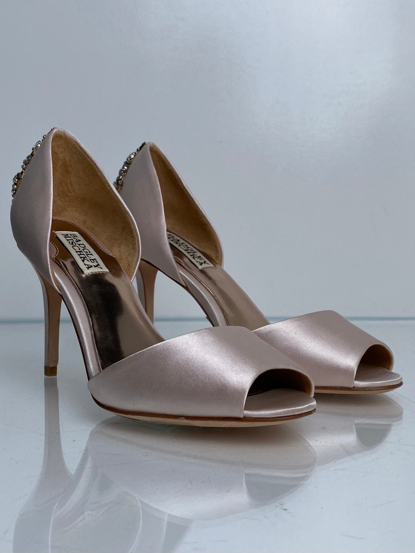 Badgley Mischka Pink Satin Peep Toe Heels, 7.5