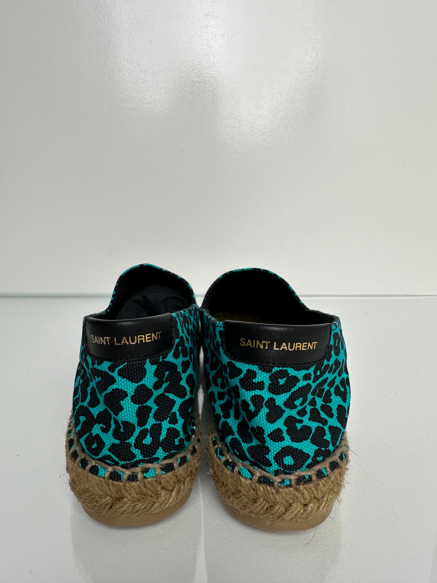 Saint Laurent Black & Teal Leopard Print Loafers, 36.5