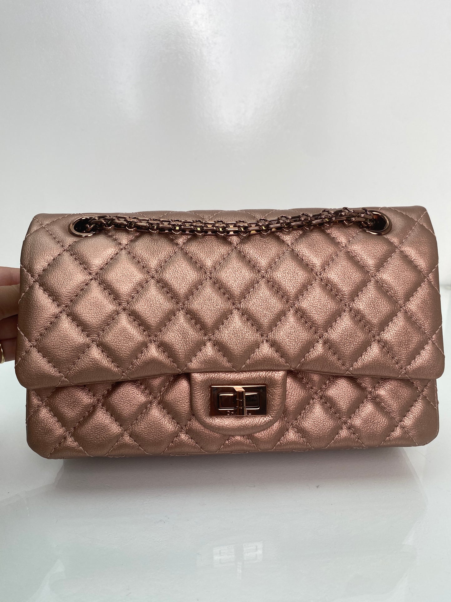 Chanel 225 Medium Double Flap Rose Gold Metallic Bag Reissue RGHW