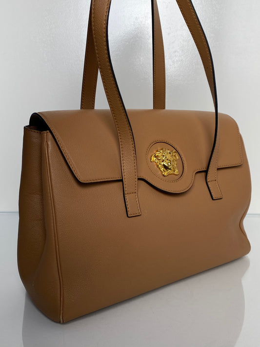 Versace Tan Leather La Medusa Flap Bag GHW