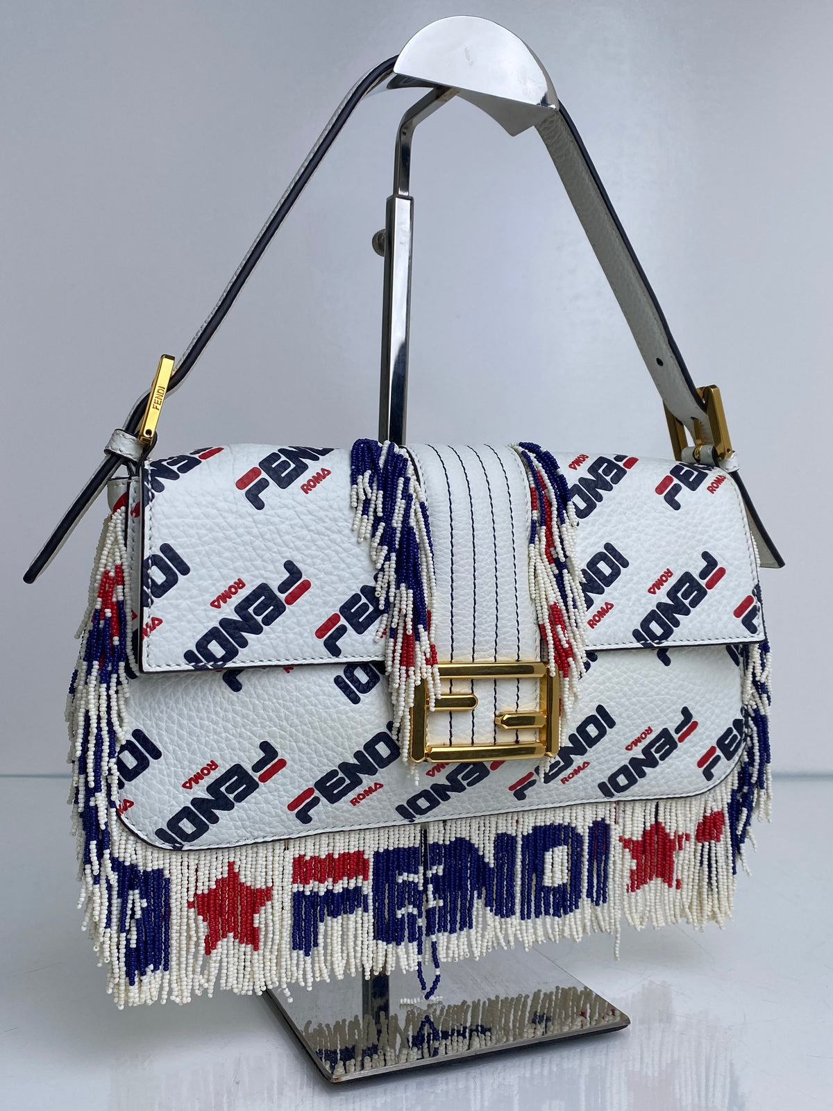 Fendi X Fila Red, White, & Blue Beaded Fringe Mania Baguette Bag GHW