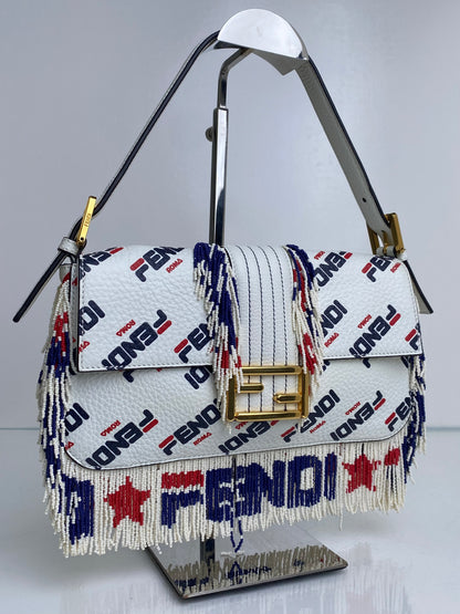 Fendi X Fila Red, White, & Blue Beaded Fringe Mania Baguette Bag GHW