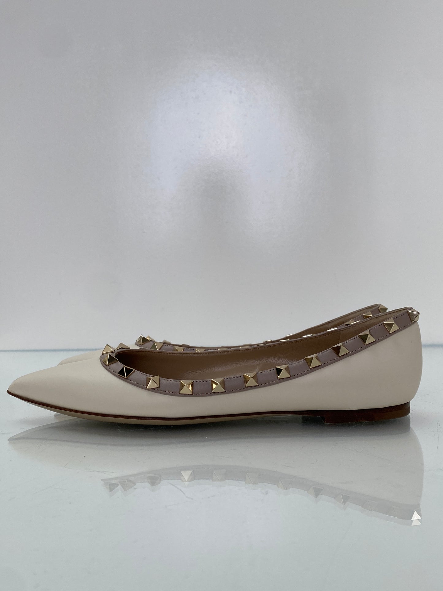 Valentino White & Blush Leather Studded Ballet Flats, 37.5