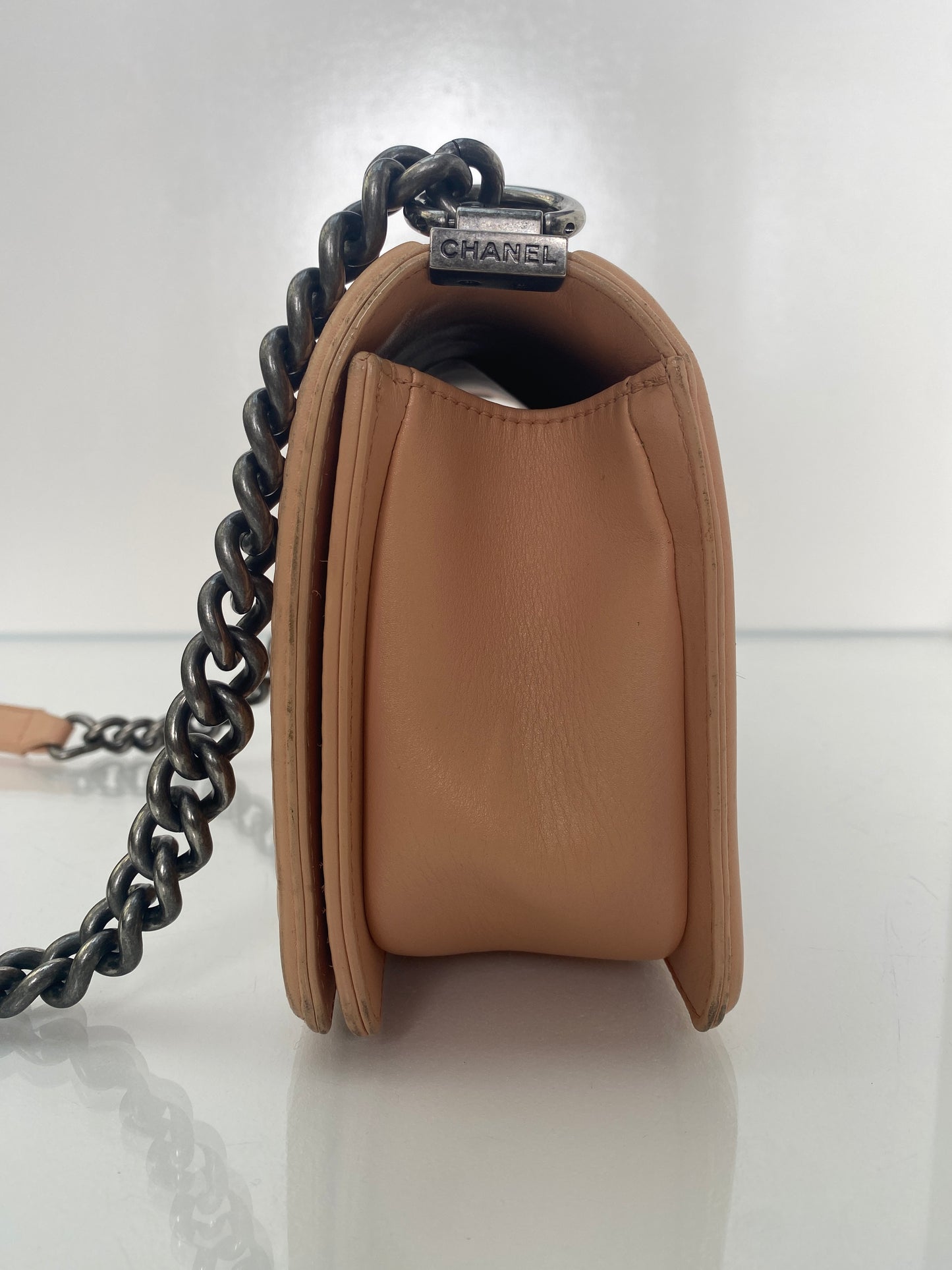 Chanel Medium Boy Bag Beige Stitched Chevron RHW #23