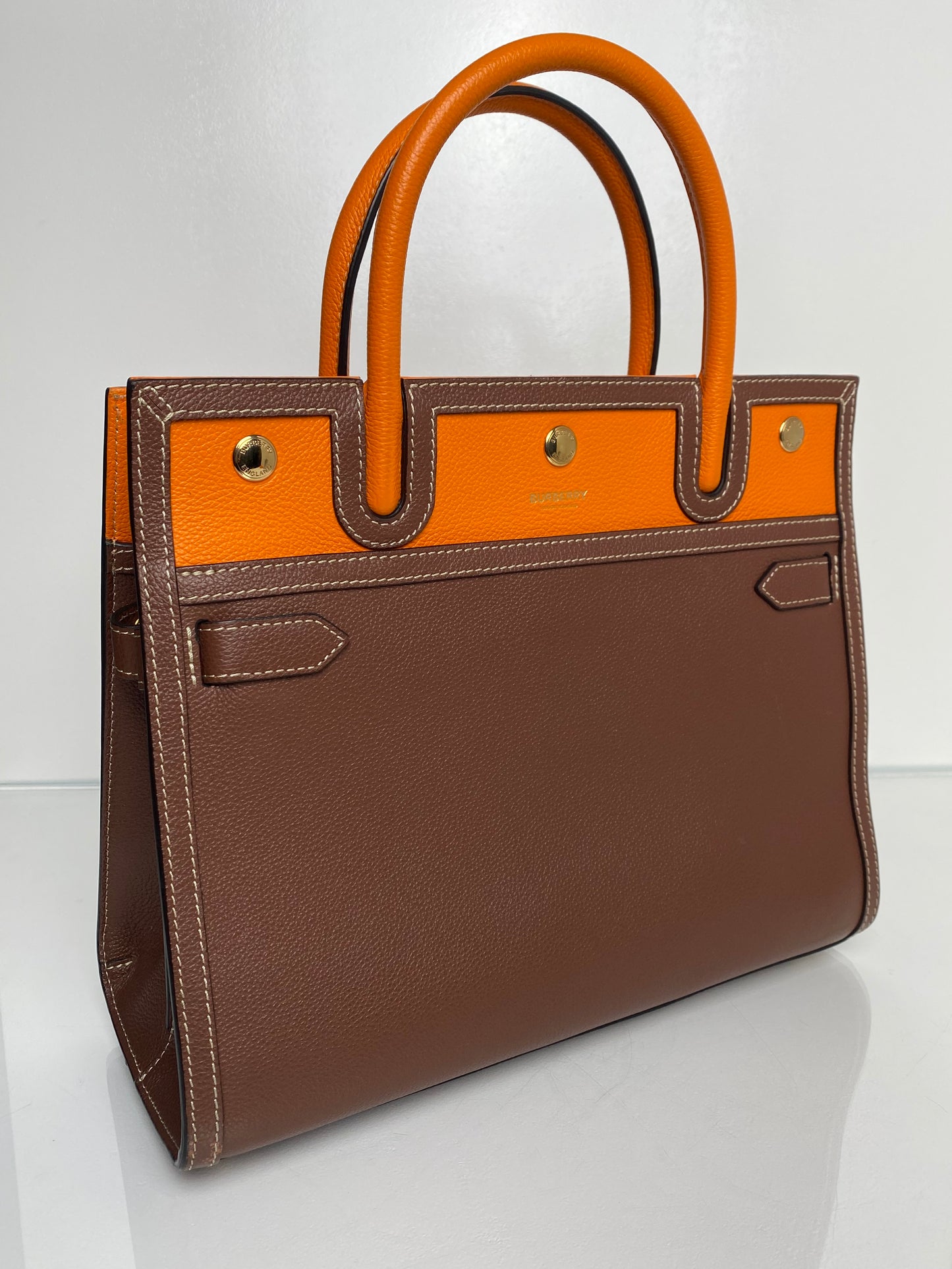Burberry Brown & Orange Contrast Stitch Tote Bag GHW