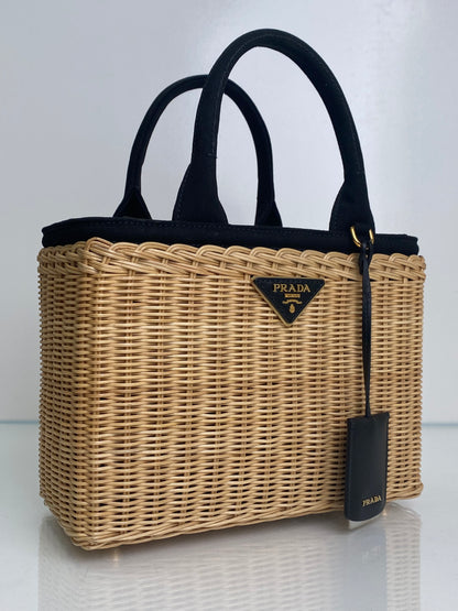 Prada Tan & Black Wicker & Canvas Small Logo Tote Bag GHW