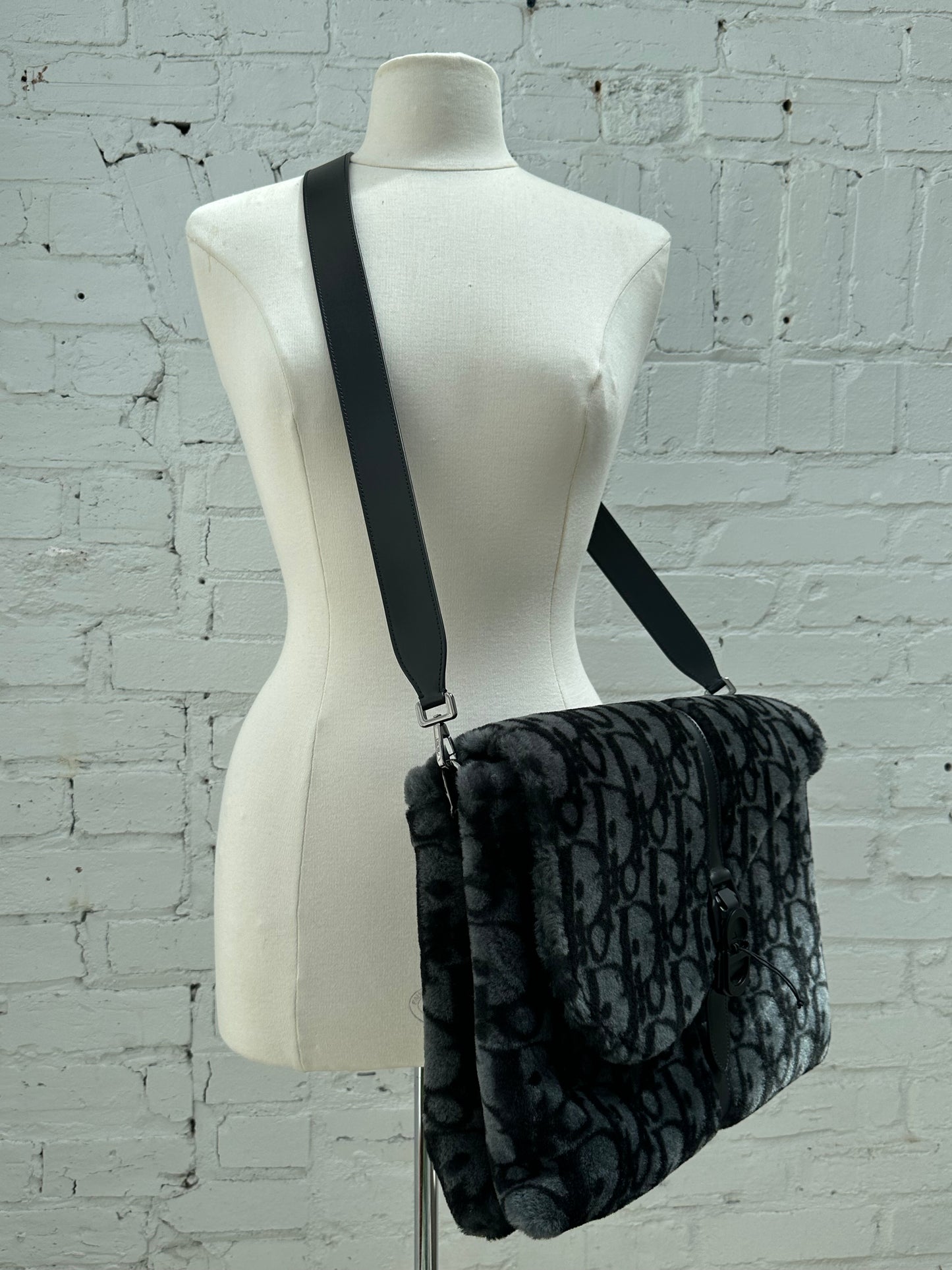 Dior Black & Dark Grey Oblique  Shearling Saddle Briefcase Bag BHW