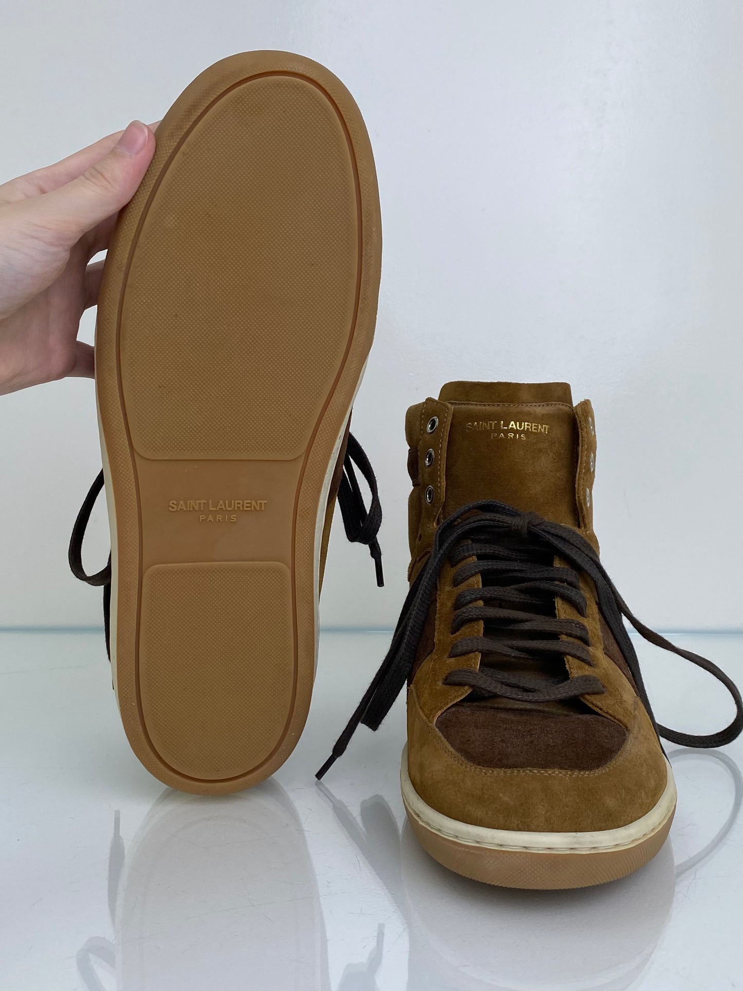 Saint Laurent Men’s Tan & Brown Suede High Top Sneakers, 43