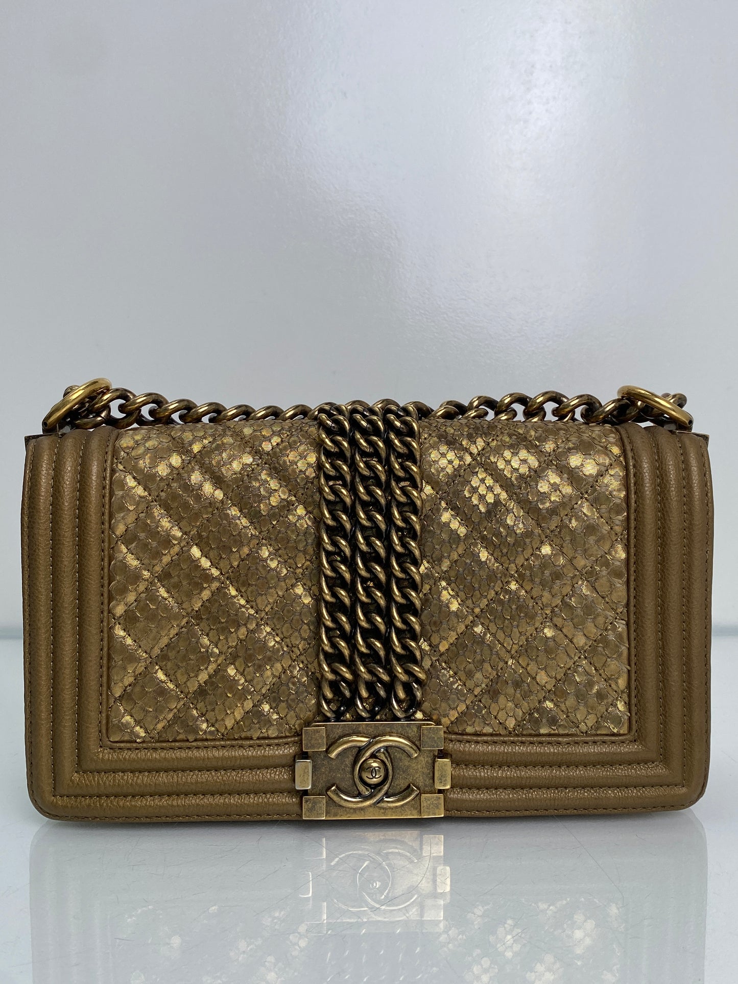 Chanel Gold Snakeskin Embossed Small Chain Boy Flap Bag GHW