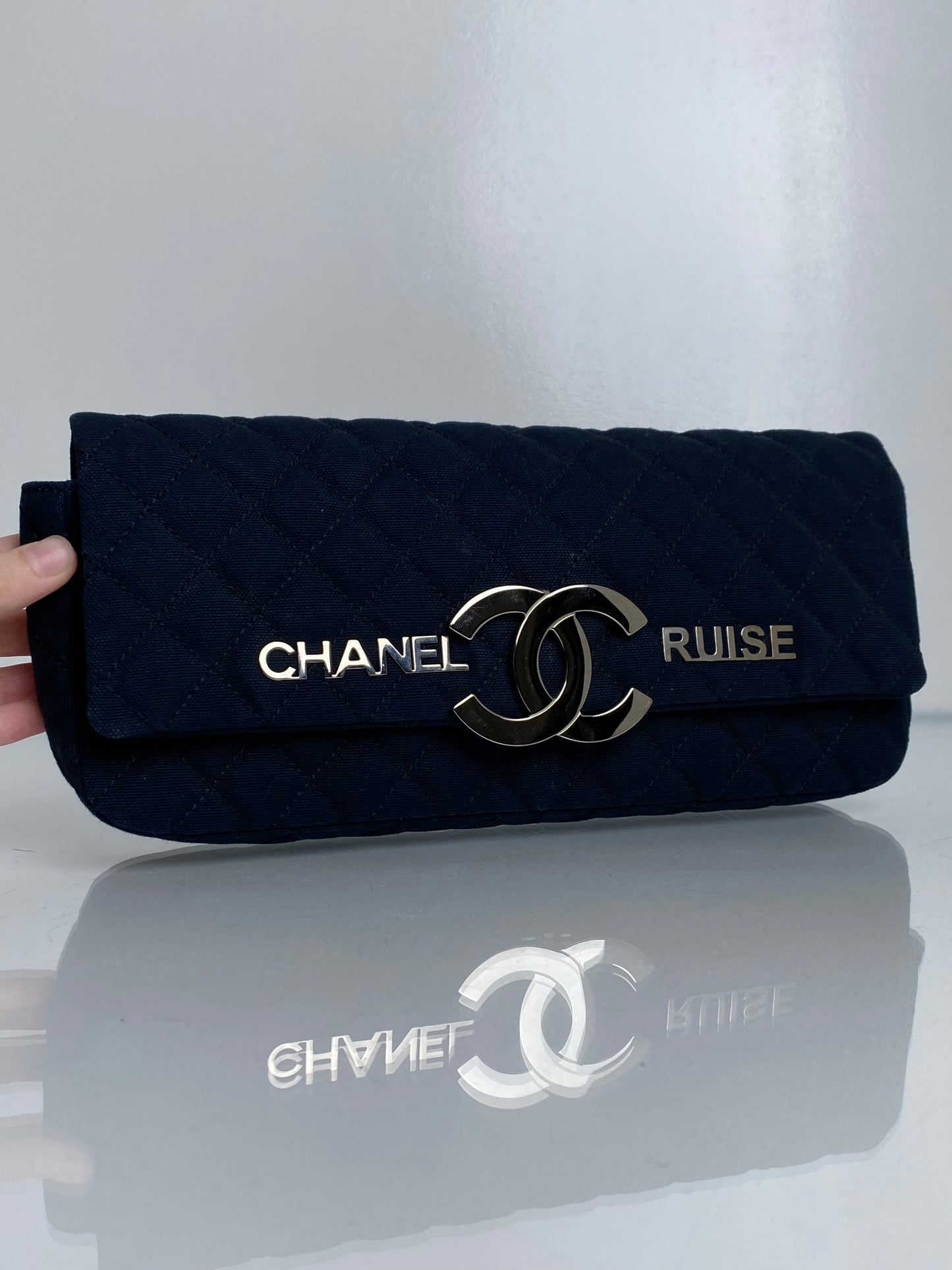 Chanel Cruise Black Canvas Quilted Clutch SHW