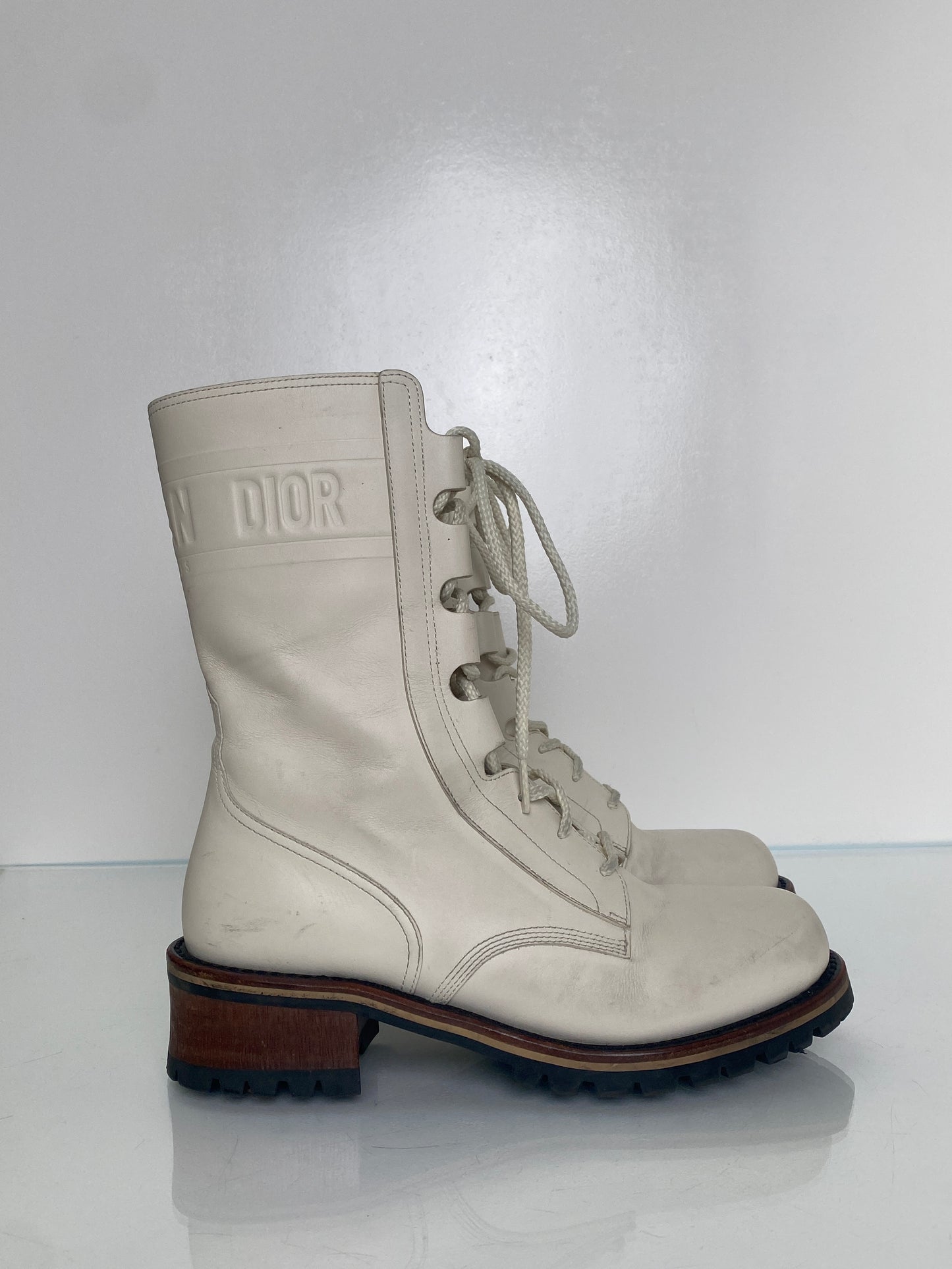 Dior White Logo Leather Combat Boots, 39