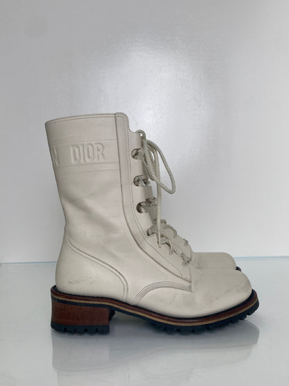 Dior White Logo Leather Combat Boots, 39