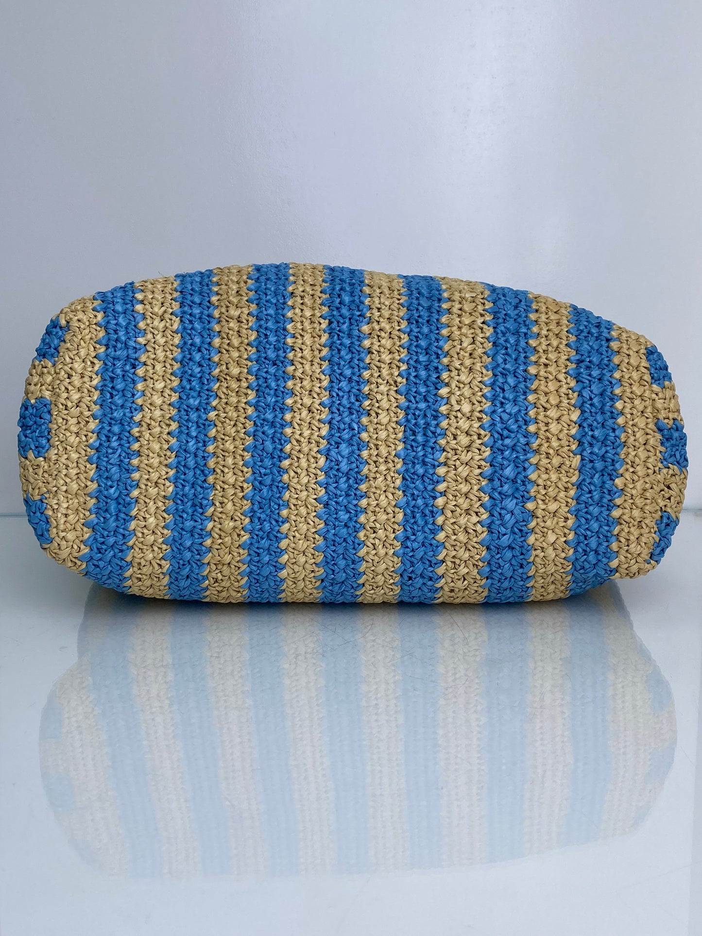Prada Tan & Blue Striped Raffia Tote Bag SHW