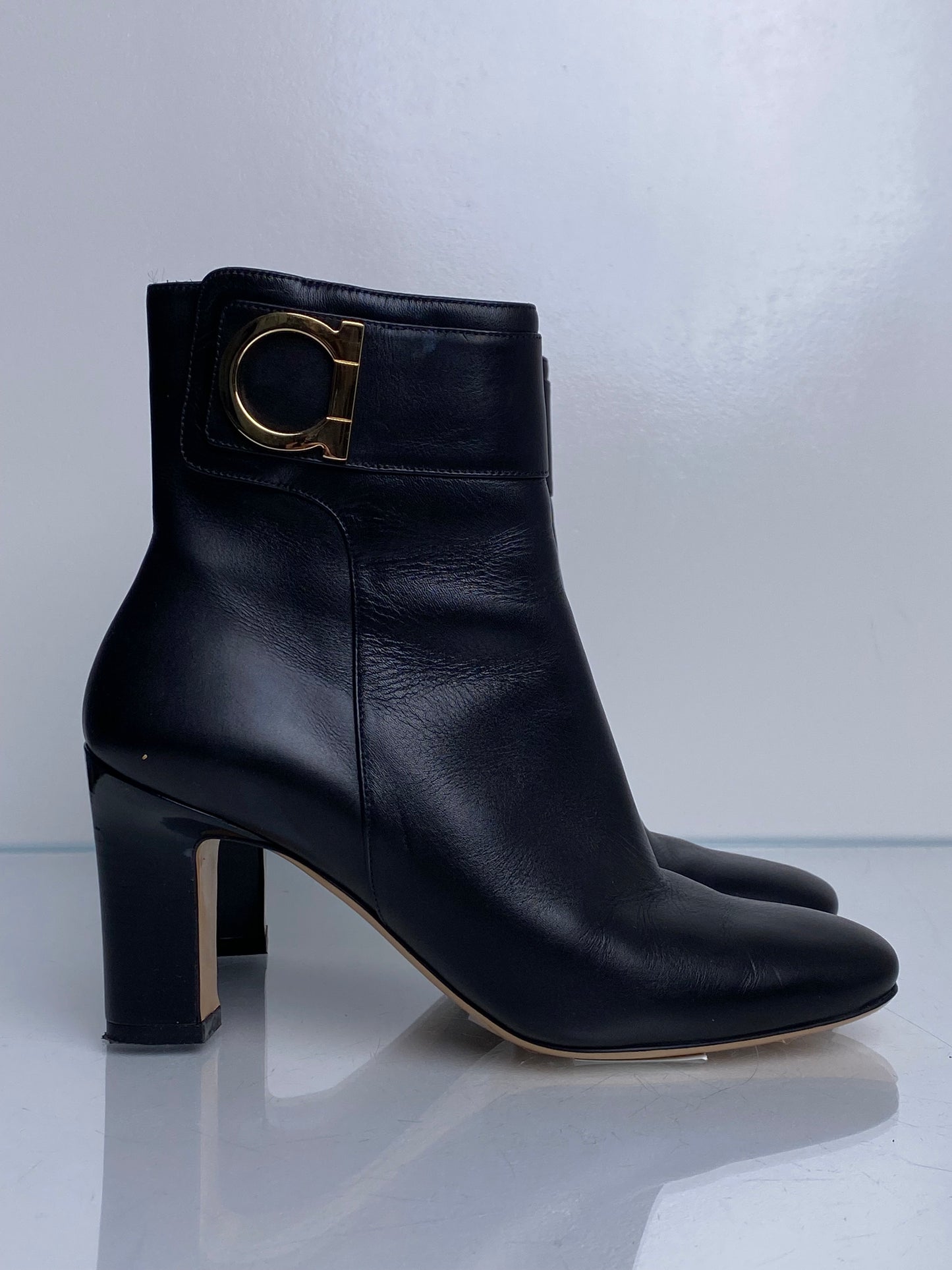 Ferragamo Black & Gold Logo Booties, 6