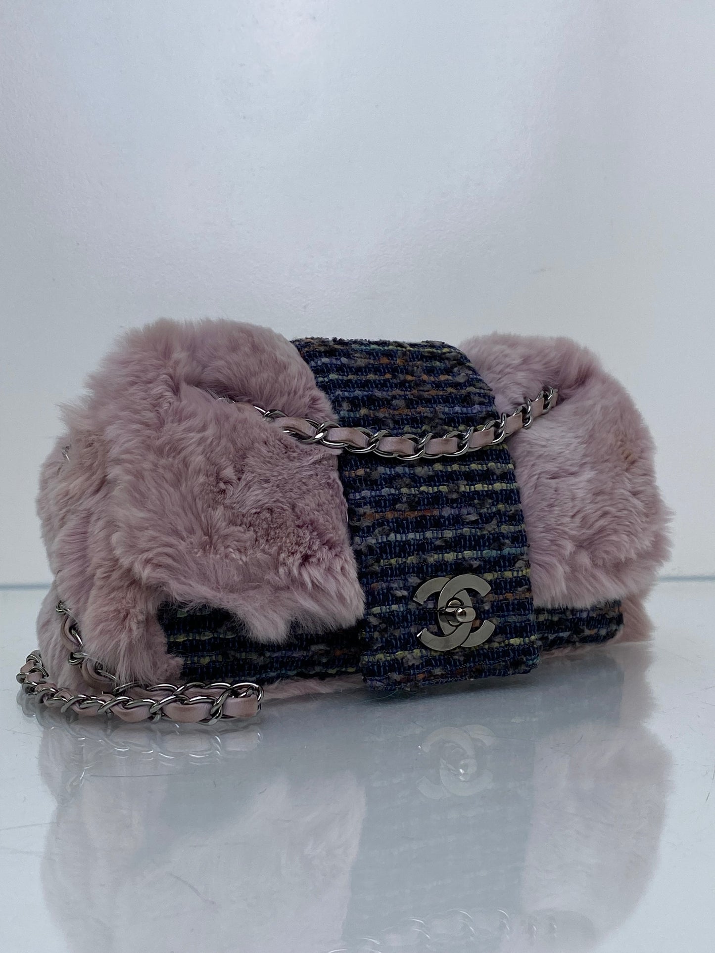 Chanel Pink Rabbit Fur-Trimmed & Blue Tweed Fantasy Flap Shoulder Bag RHW