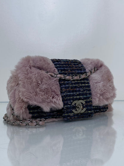 Chanel Pink Rabbit Fur-Trimmed & Blue Tweed Fantasy Flap Shoulder Bag RHW