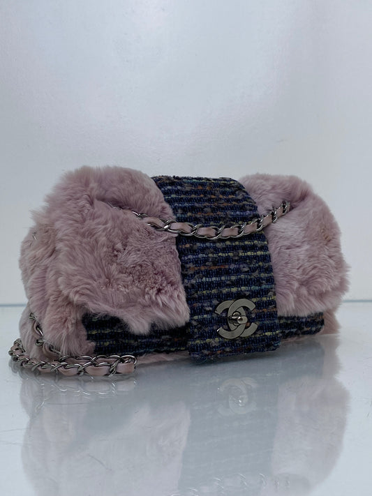 Chanel Pink Rabbit Fur-Trimmed & Blue Tweed Fantasy Flap Shoulder Bag RHW