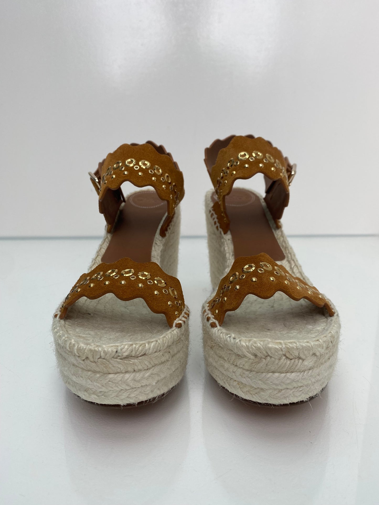 Chloe Brown & Gold Studded Espadrille Wedges, 40