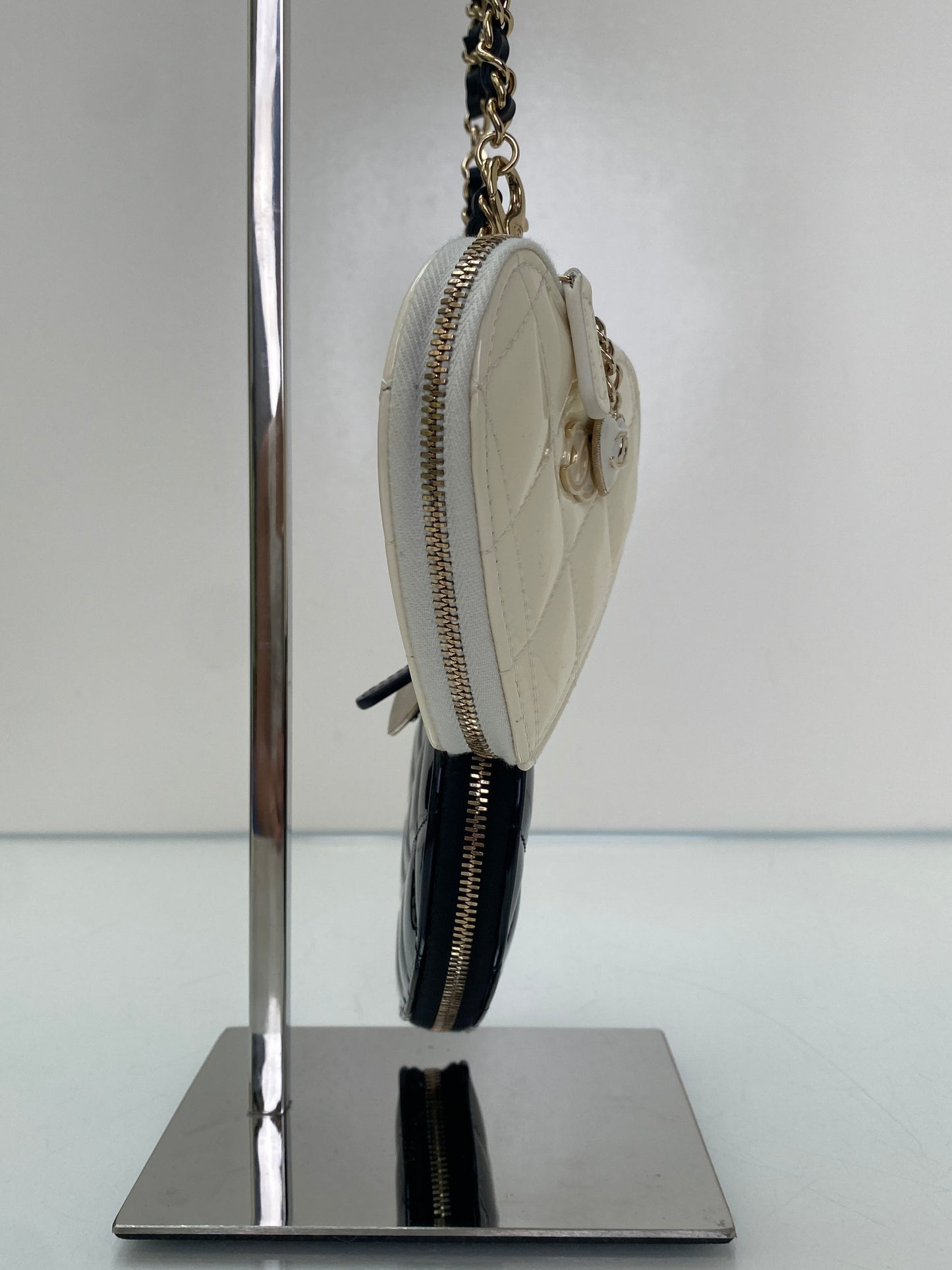 Chanel White & Black Patent Heart Chain Clutches on Chain Bag GHW