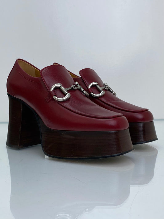 Gucci Burgundy Horsebit Heeled Loafer, 38