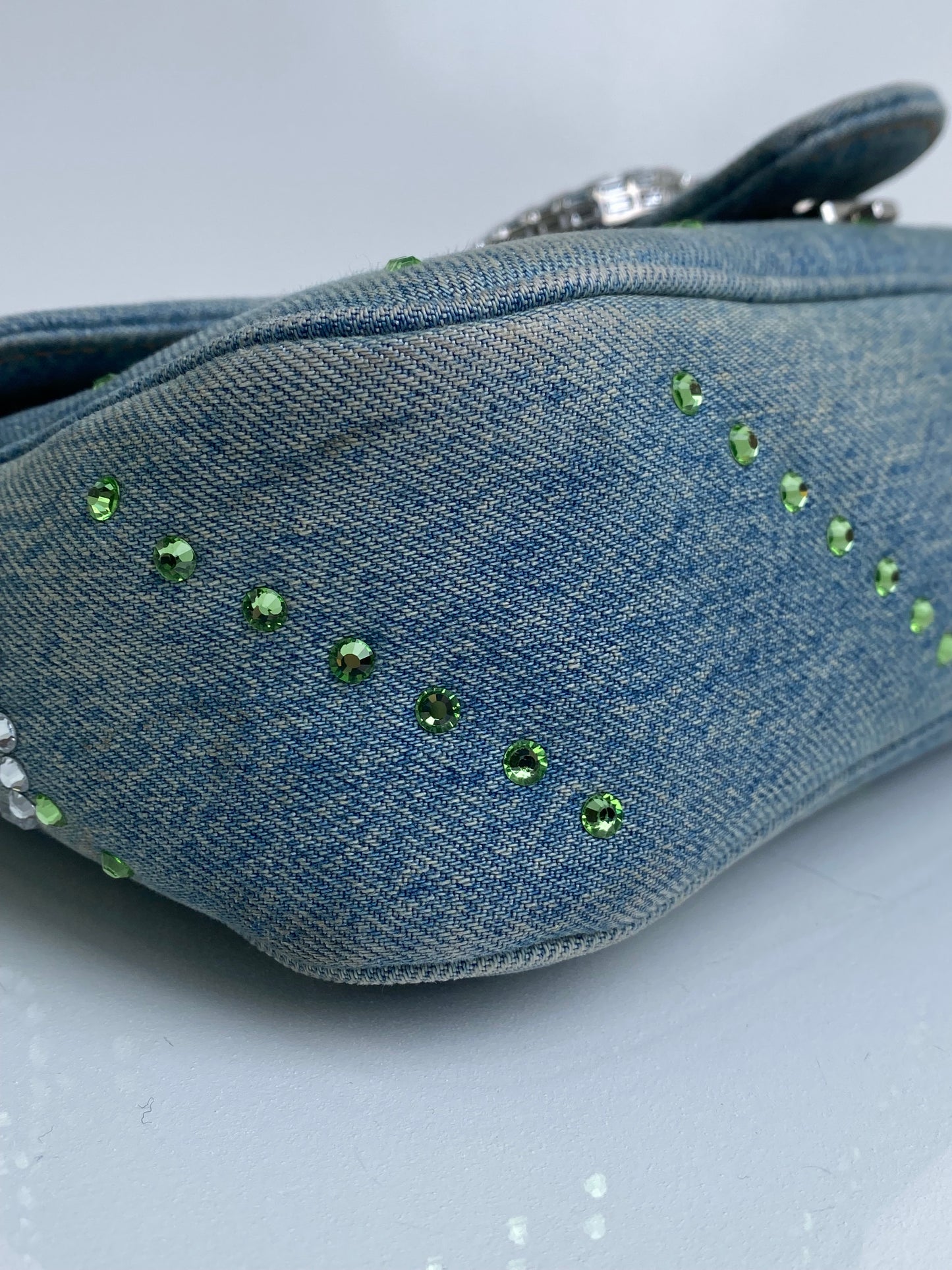 Gucci Denim Crystal Appliqué GG Marmont Shoulder Bag SHW