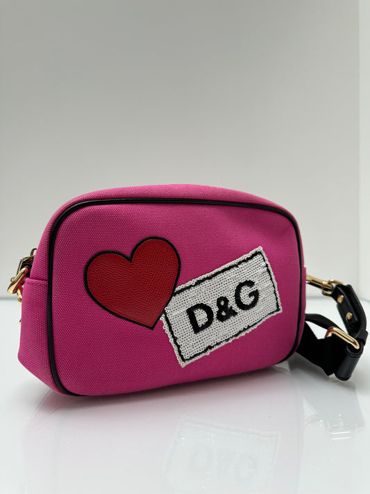 Dolce & Gabbana Pink Canvas Red Heart & Sequin Patch Bum Bag