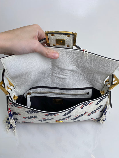 Fendi X Fila Red, White, & Blue Beaded Fringe Mania Baguette Bag GHW
