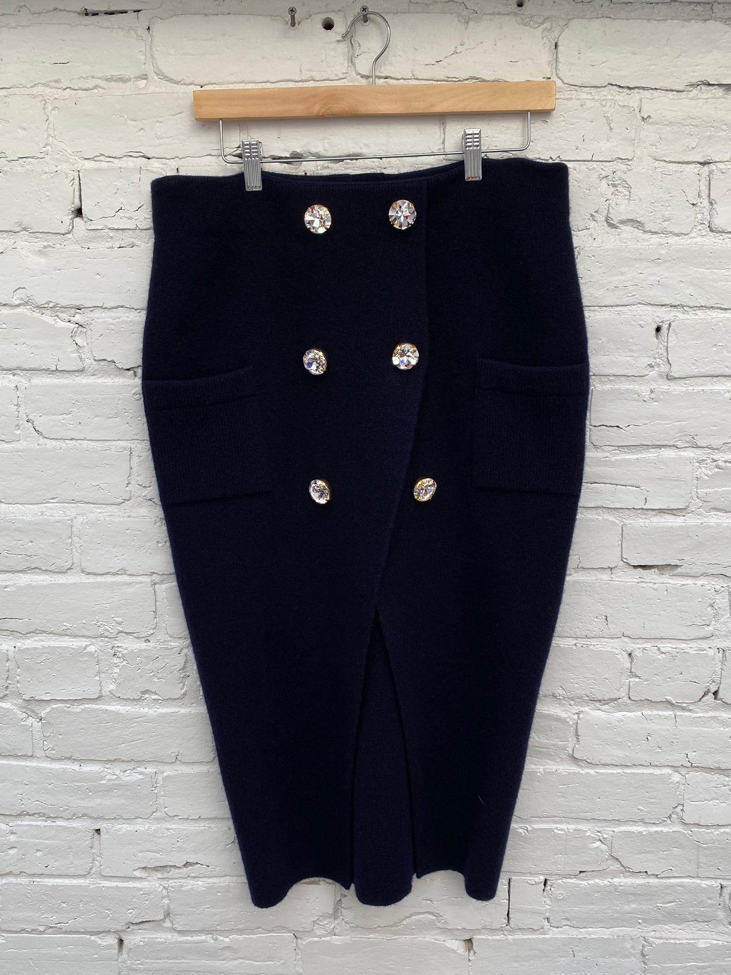 BALMAIN Navy Wool Midi Skirt W/ Crystal Buttons, 40