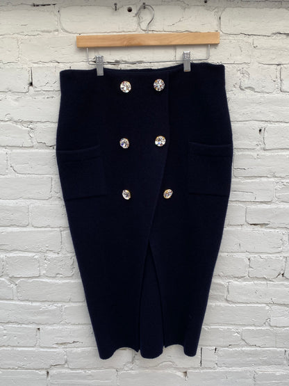 BALMAIN Navy Wool Midi Skirt W/ Crystal Buttons, 40