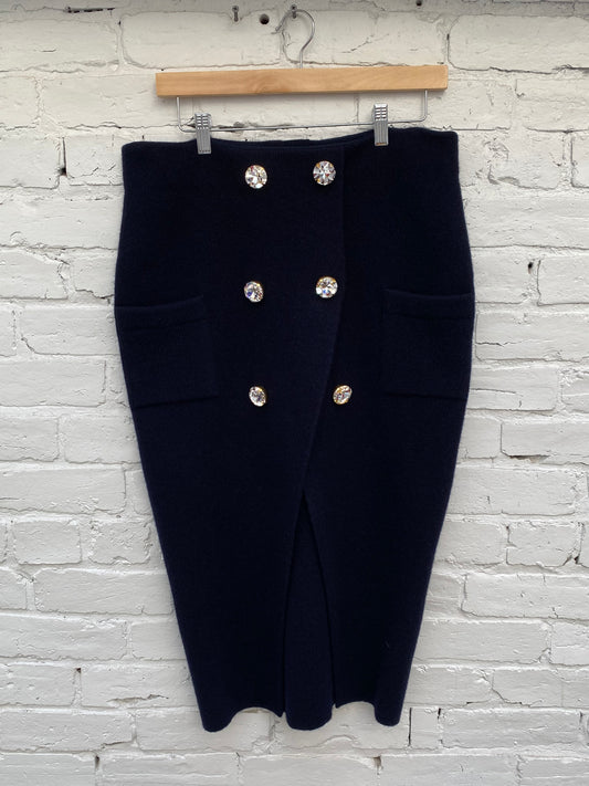 BALMAIN Navy Wool Midi Skirt W/ Crystal Buttons, 40