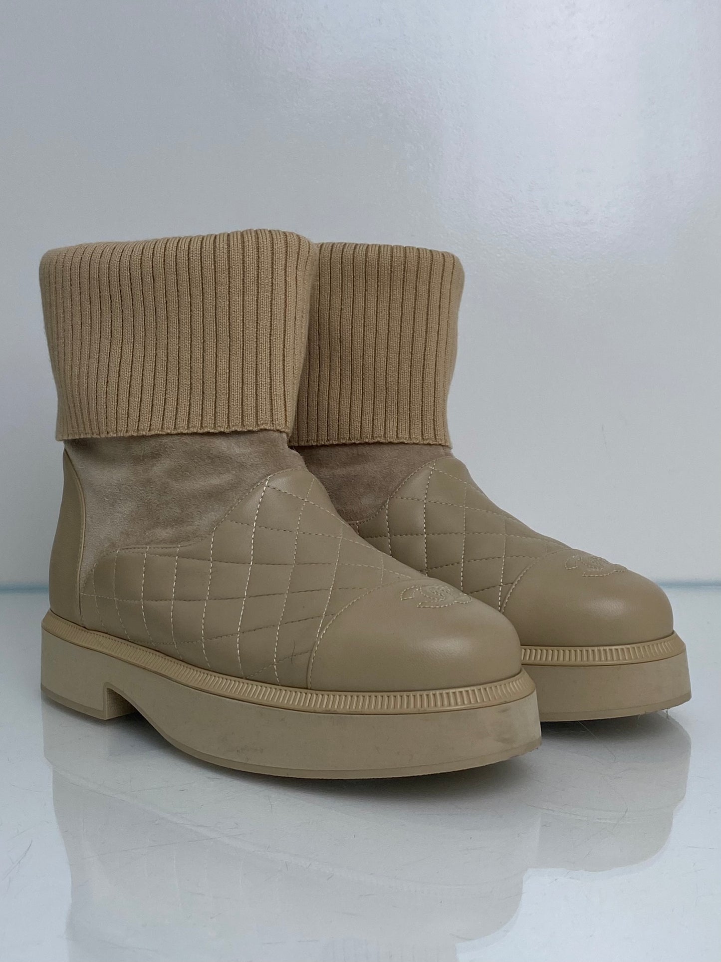 Chanel Beige Knit Quilted Lambskin & Suede Boots, 8