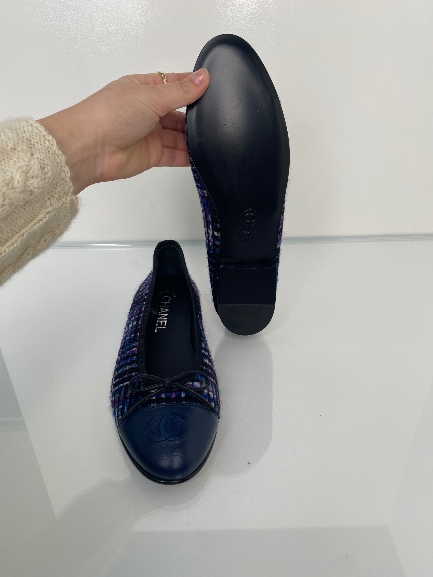 Chanel Interlocking CC Navy & Purple Tweed Ballet Flats, 37.5