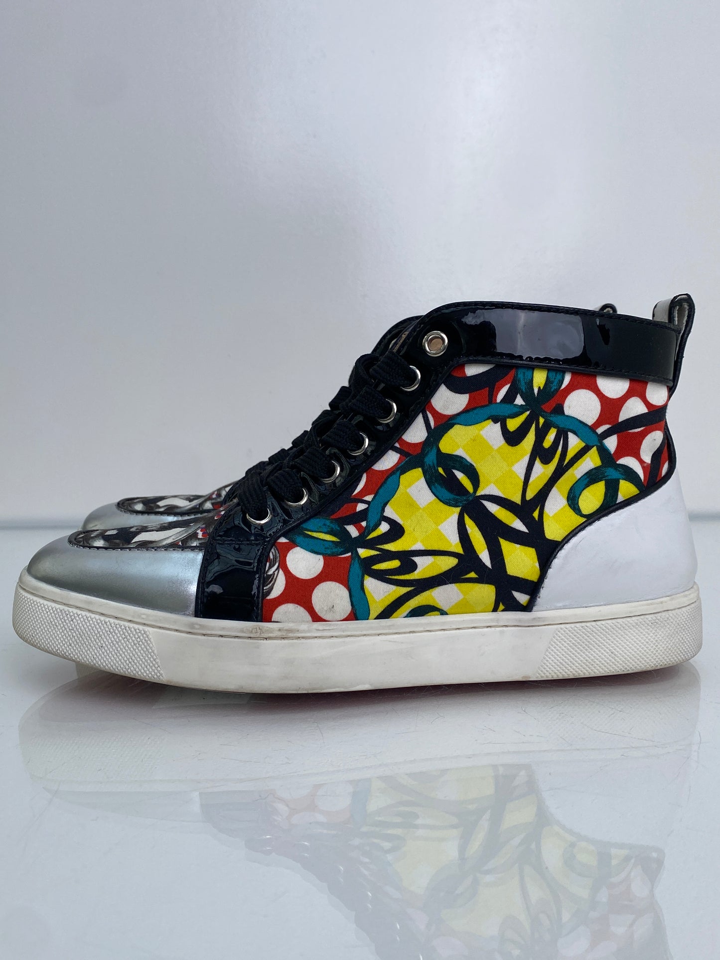 Christian Louboutin Black, Silver, & Multicolor High Top Sneakers, 39