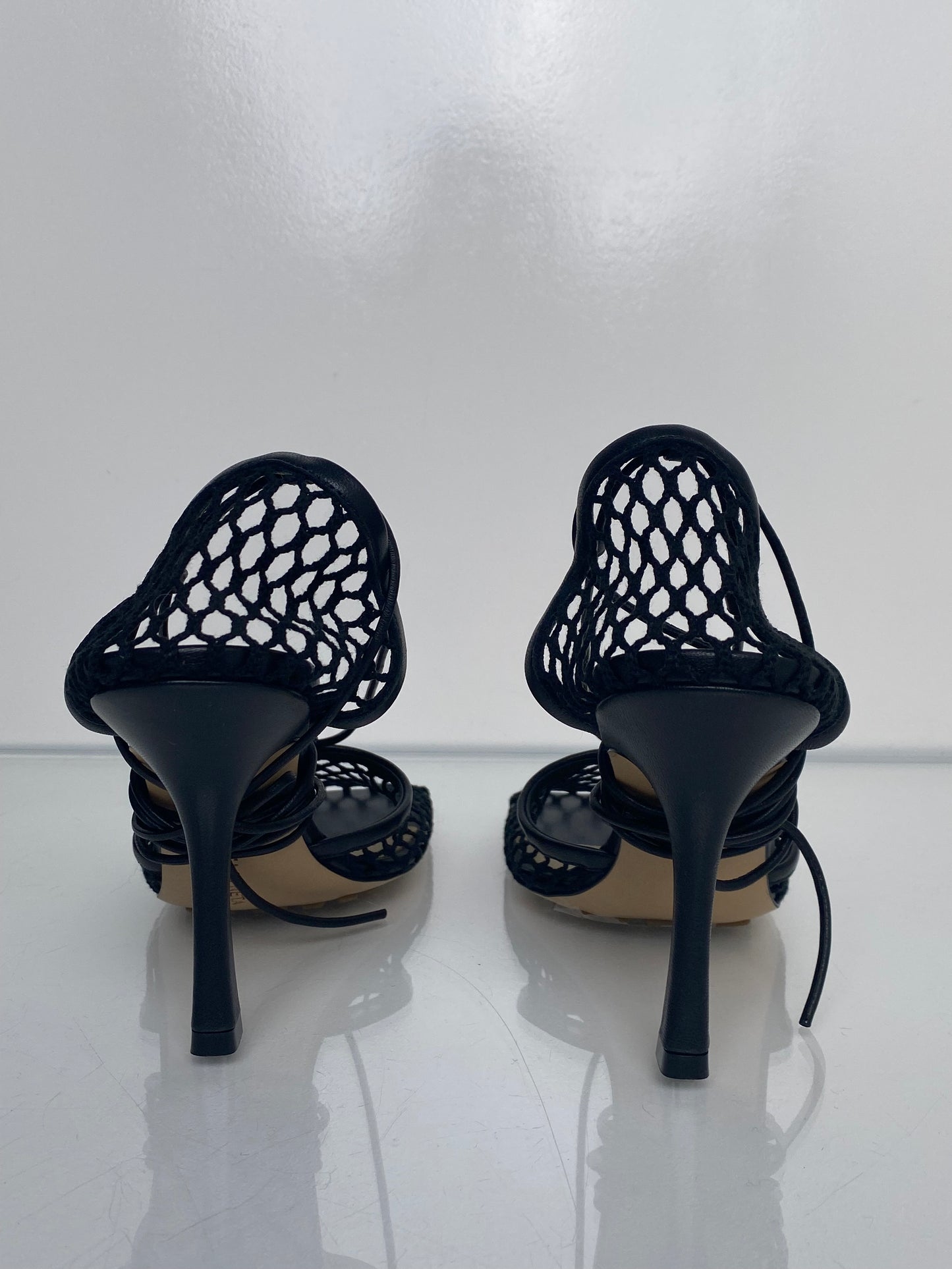Bottega Veneta Black Mesh Wrap Heels, 38.5