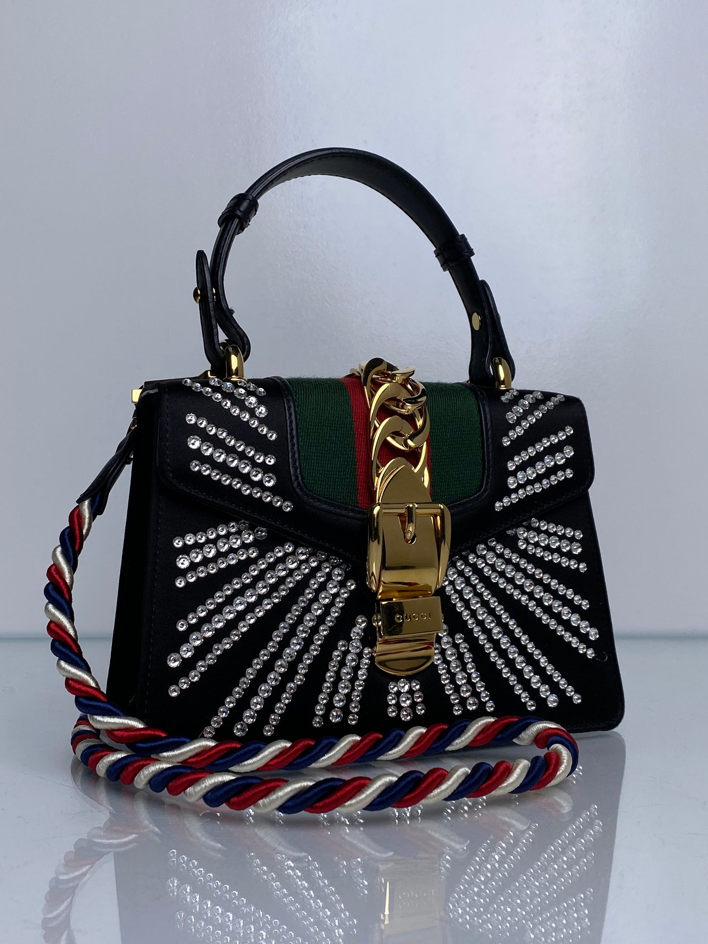 Gucci Black Satin & Webstripe Rhinestone Mini Sylvie Bag GHW (As Is)