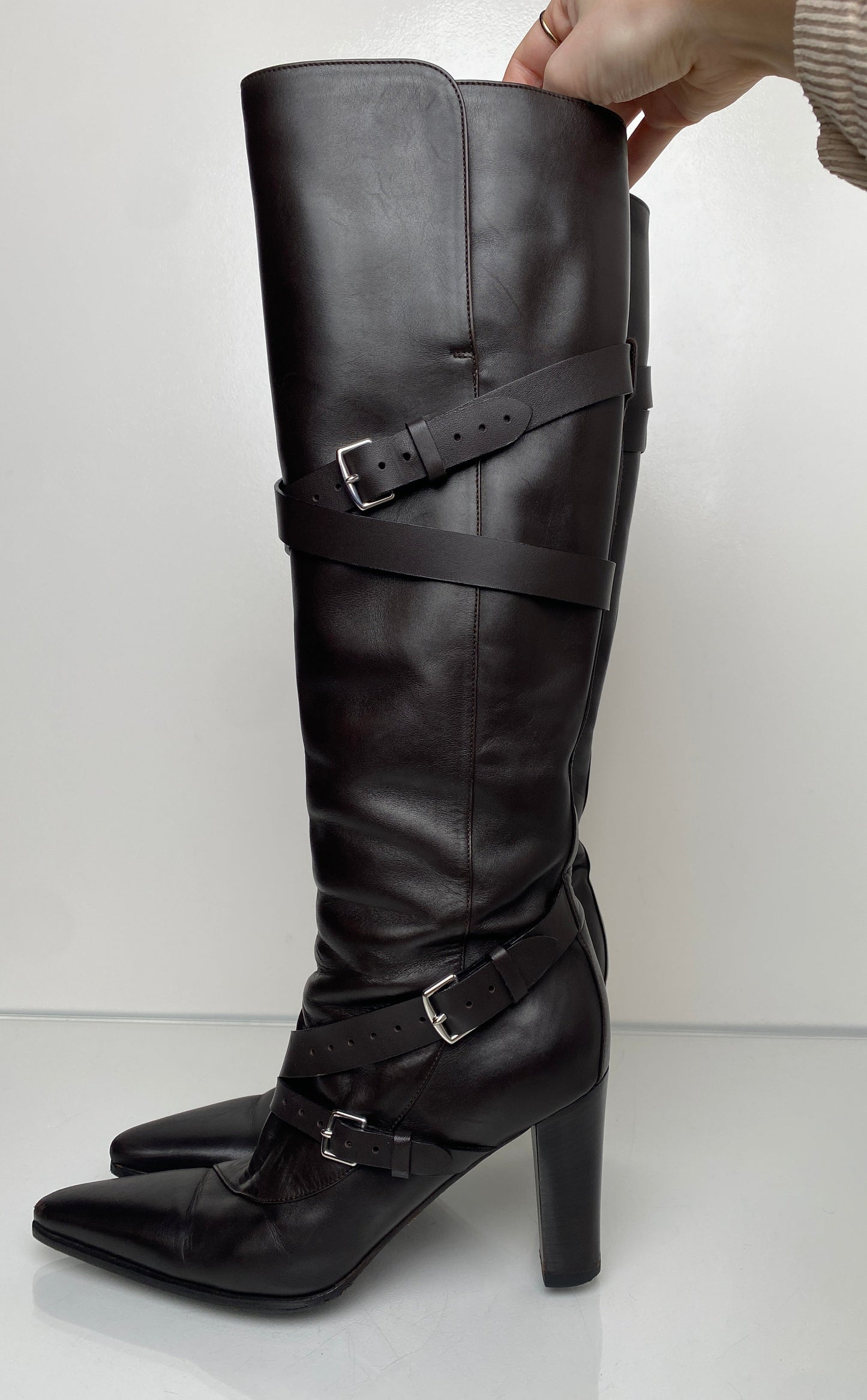 Hermes Brown Leather Buckle Heeled Boots, 36