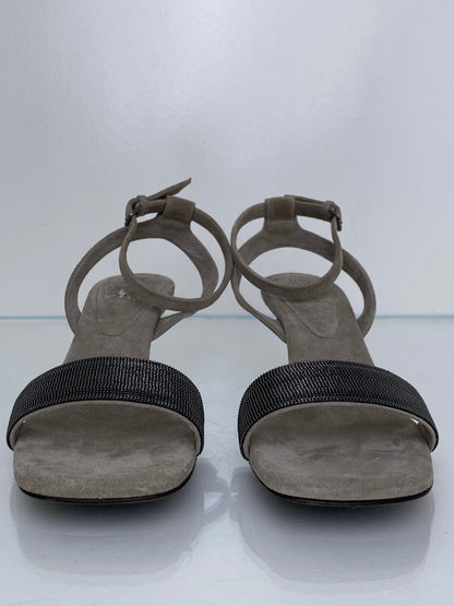 Brunello Cucinelli Grey Suede Beaded Kitten Heels, 41