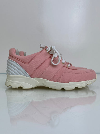Chanel Pink & White CC Linen Sneakers, 39.5