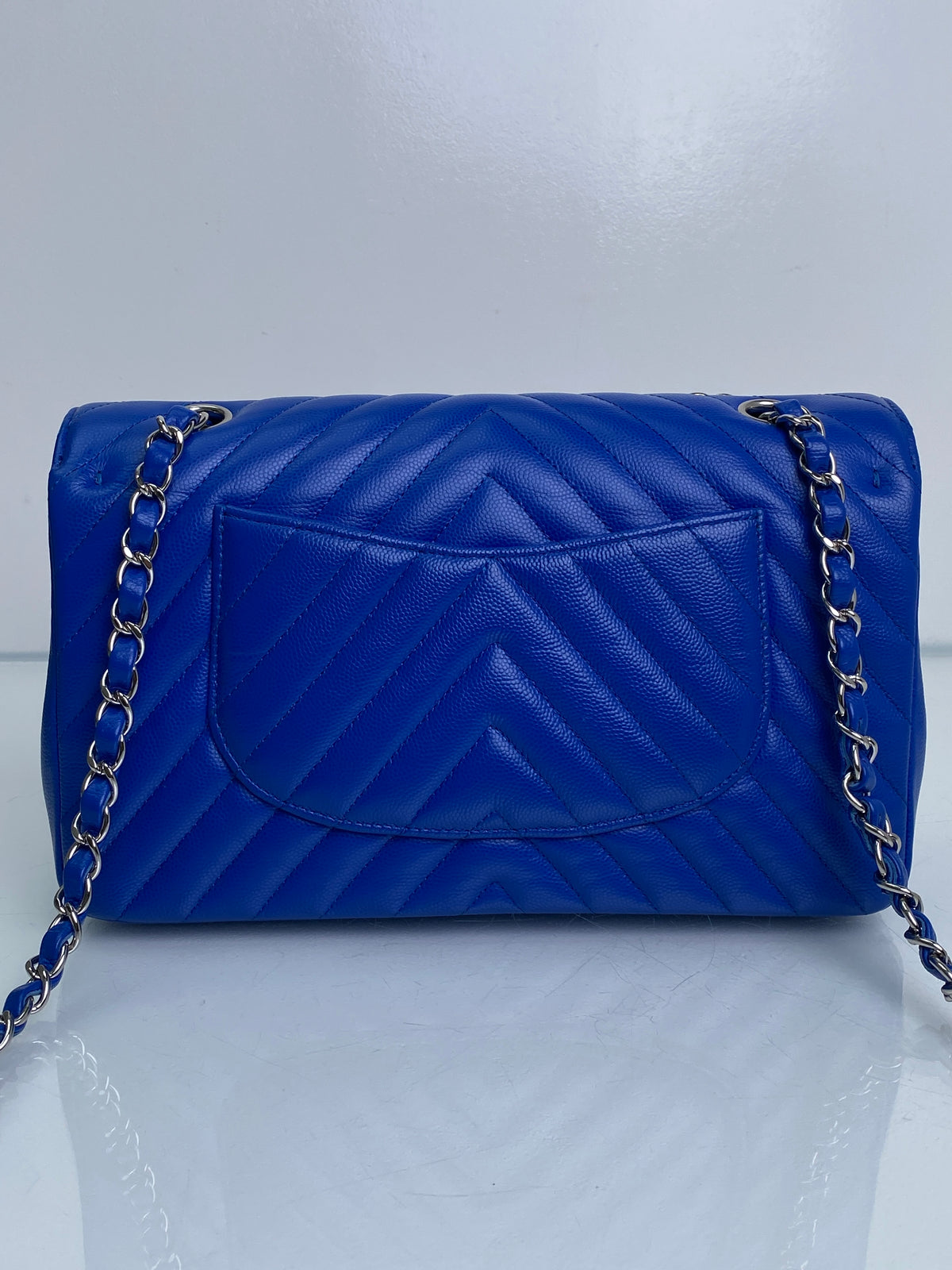 Chanel Blue Caviar Chevron Medium Classic Flap Bag SHW #22