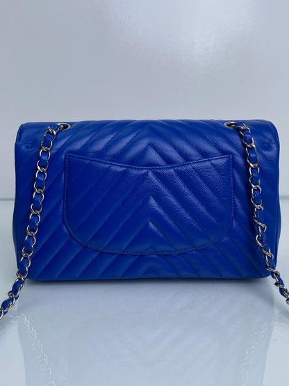 Chanel Blue Caviar Chevron Medium Classic Flap Bag SHW #22
