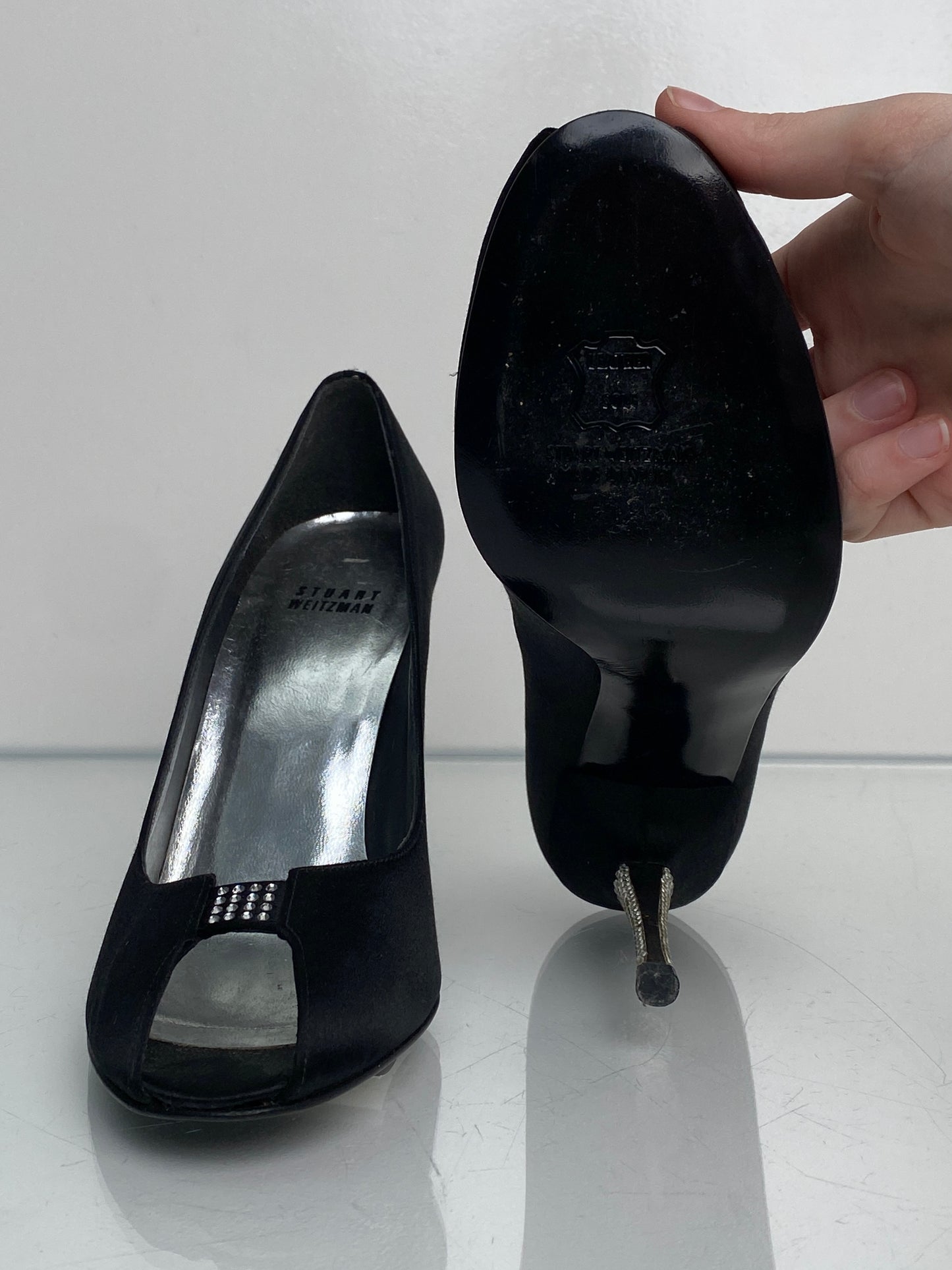 Stuart Weitzman Vintage Black Satin & Rhinestone Heels, 8.5