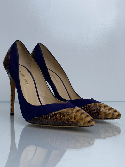 Alexandre Birman Navy  Suede & Brown Exotic Heels, 38.5