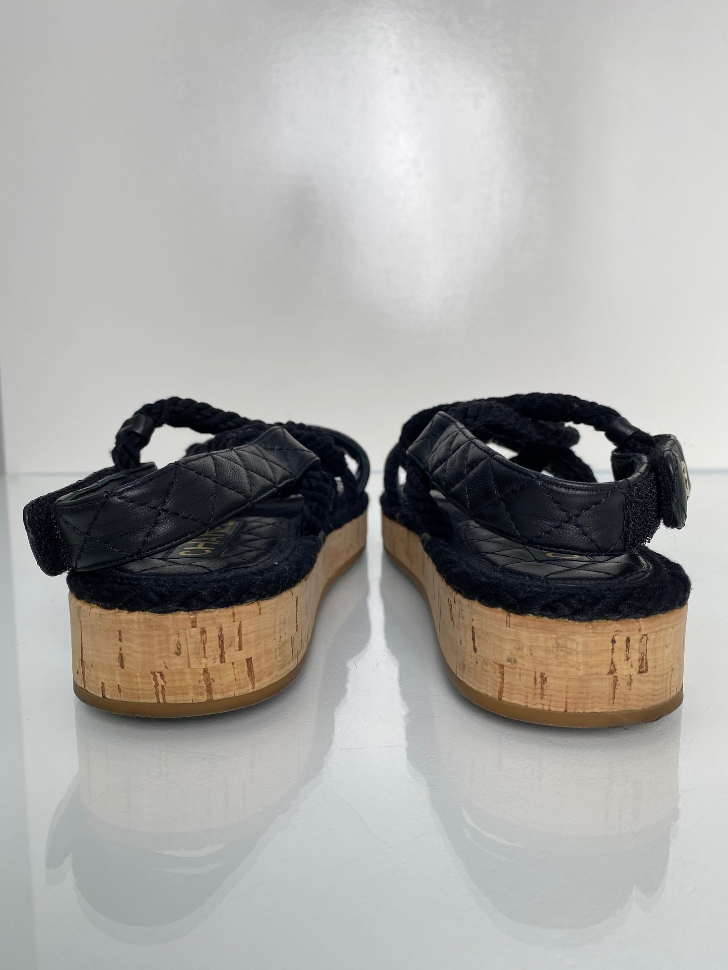 Chanel Black Logo Quilted Rope Sandals, 40