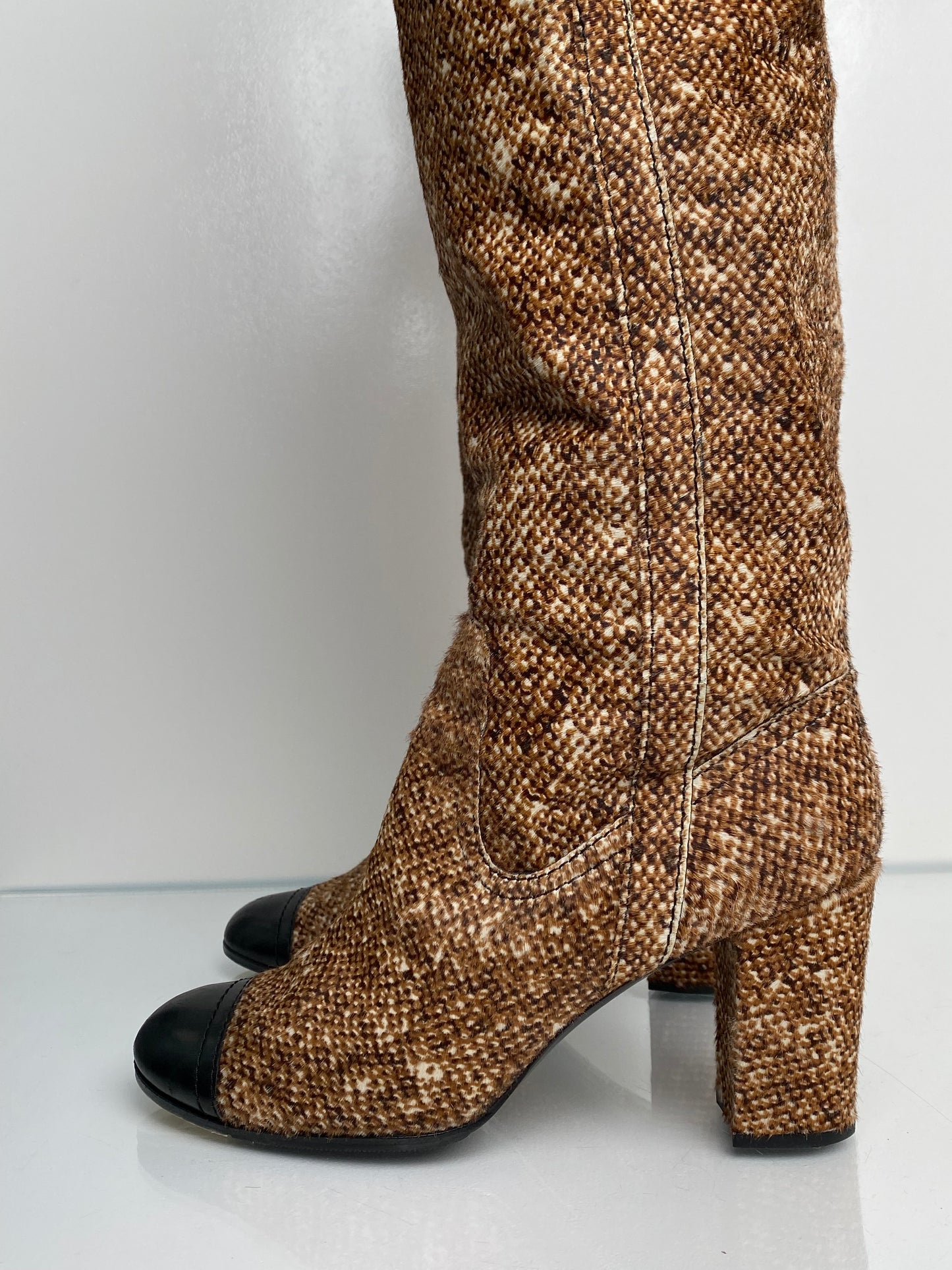 Chanel Brown & White Tweed Thigh High Boots, 41